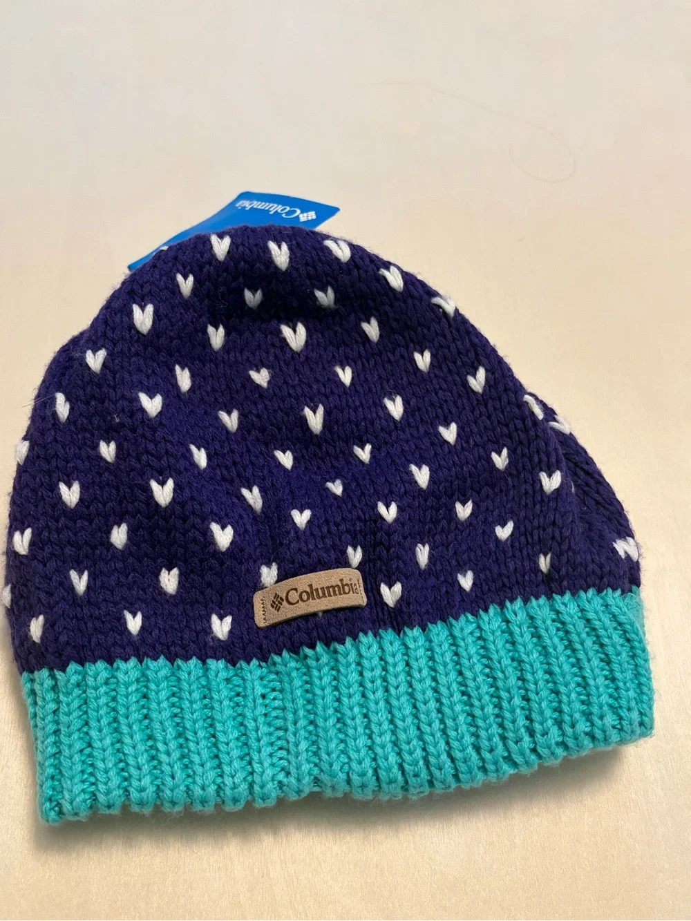 Columbia Kids' Purple & Teal Heart Knit Fleece Beanie, Girls O/S - NWT